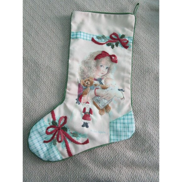 Vintage Embroidered Finished Christmas Stocking Girl Doll Teddy Bear Santa GUC - Picture 1 of 16